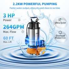 VEVOR Bomba Sumergible de Aguas Residuales 2200W 3HP Bomba de Agua Sumergible Flujo Máximo de 1000 L/min Bomba de Agua Sucia Elevación Máxima de 18 m para Bombear Agua de Piscinas, Sótanos, Estanques