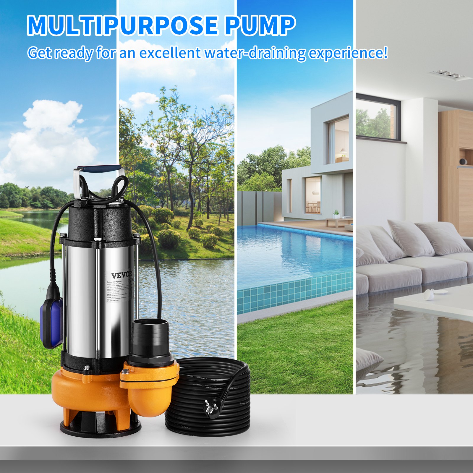 VEVOR Bomba Sumergible de Aguas Residuales 2200W 3HP Bomba de Agua Sumergible Flujo Máximo de 1000 L/min Bomba de Agua Sucia Elevación Máxima de 18 m para Bombear Agua de Piscinas, Sótanos, Estanques