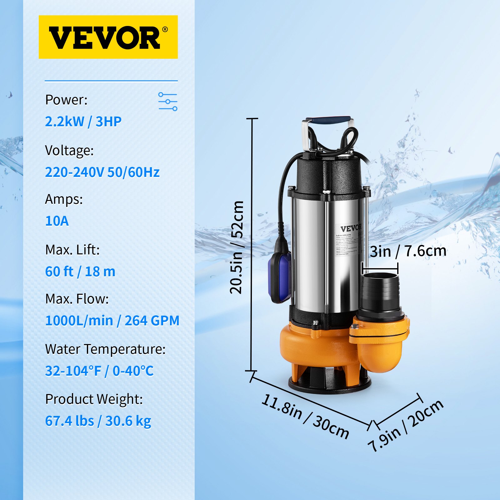 VEVOR Bomba Sumergible de Aguas Residuales 2200W 3HP Bomba de Agua Sumergible Flujo Máximo de 1000 L/min Bomba de Agua Sucia Elevación Máxima de 18 m para Bombear Agua de Piscinas, Sótanos, Estanques