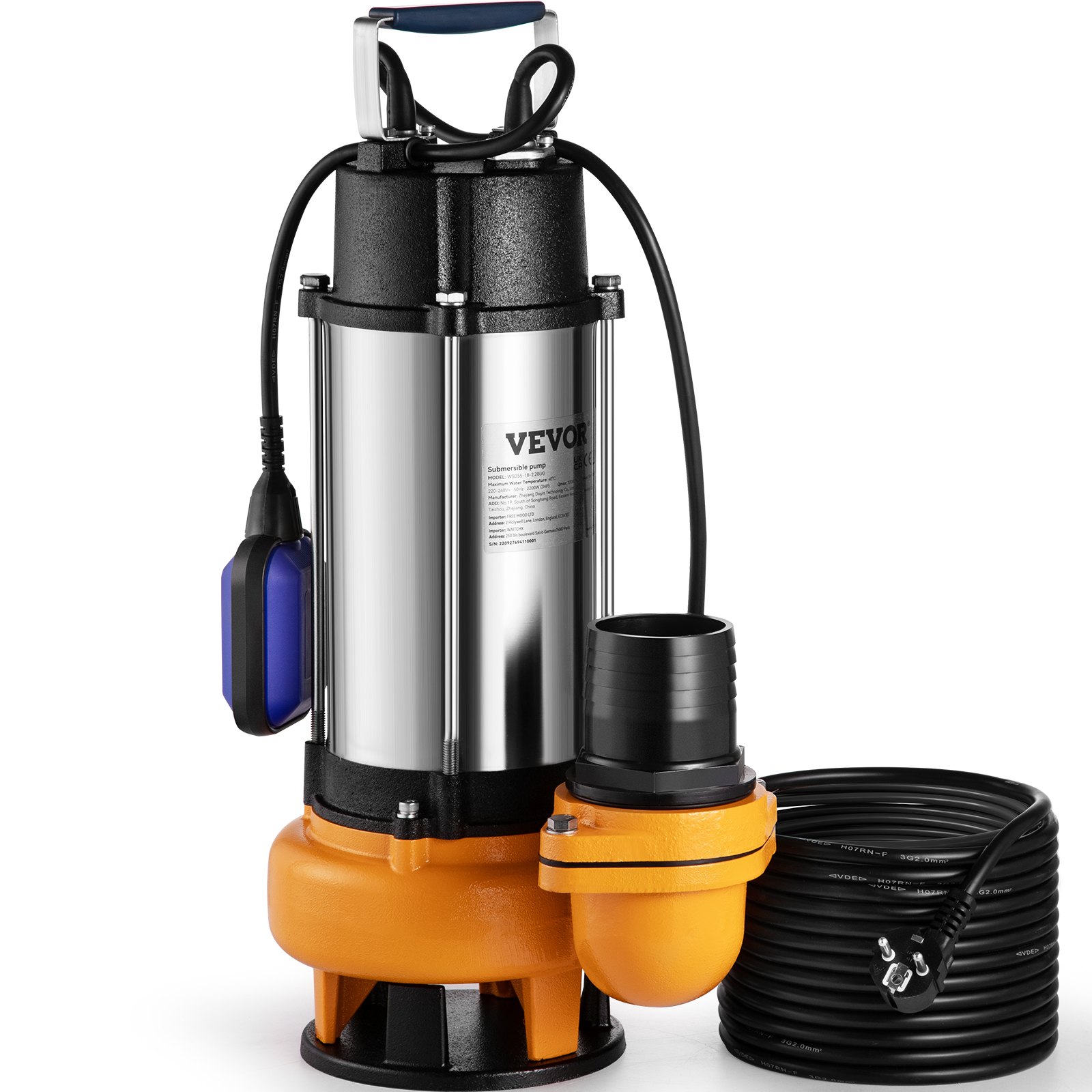 VEVOR Bomba Sumergible de Aguas Residuales 2200W 3HP Bomba de Agua Sumergible Flujo Máximo de 1000 L/min Bomba de Agua Sucia Elevación Máxima de 18 m para Bombear Agua de Piscinas, Sótanos, Estanques
