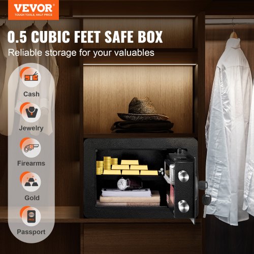 VEVOR Caja Fuerte Digital de 14 L Caja Fuerte de Seguridad 2 Tipos de Desbloqueo Contraseña y Llaves Antirrobo Estructura de Acero Antirrobo con Alarma para Hogar Plata Joyería, 350 x 250 x 250 mm