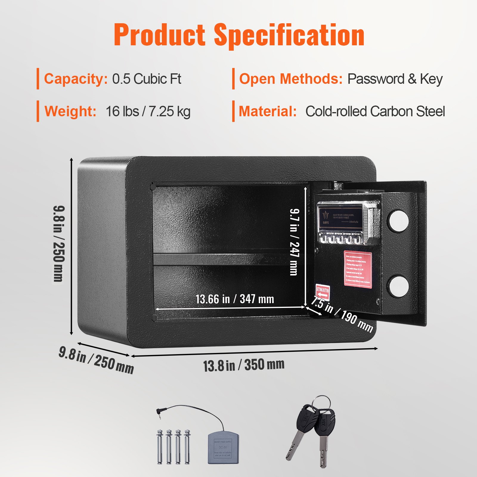 VEVOR Caja Fuerte Digital de 14 L Caja Fuerte de Seguridad 2 Tipos de Desbloqueo Contraseña y Llaves Antirrobo Estructura de Acero Antirrobo con Alarma para Hogar Plata Joyería, 350 x 250 x 250 mm
