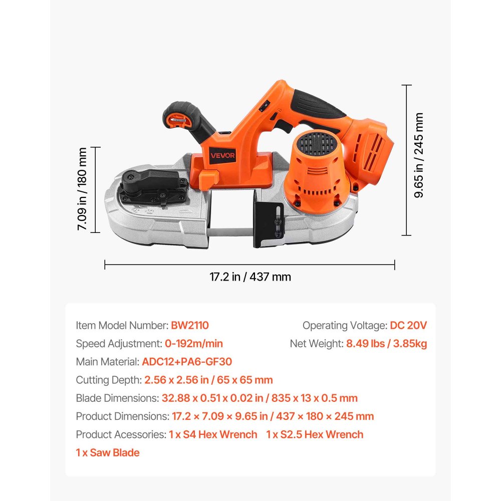 VEVOR Sierra de Cinta Portátil, Corte Profundo de 65 mm 360 W Motor sin Escobillas Sierra de Cinta Inalámbrica y Compacta con Ganchos, Velocidad Variable de 0-192 m/min para Cortar Metal y Madera