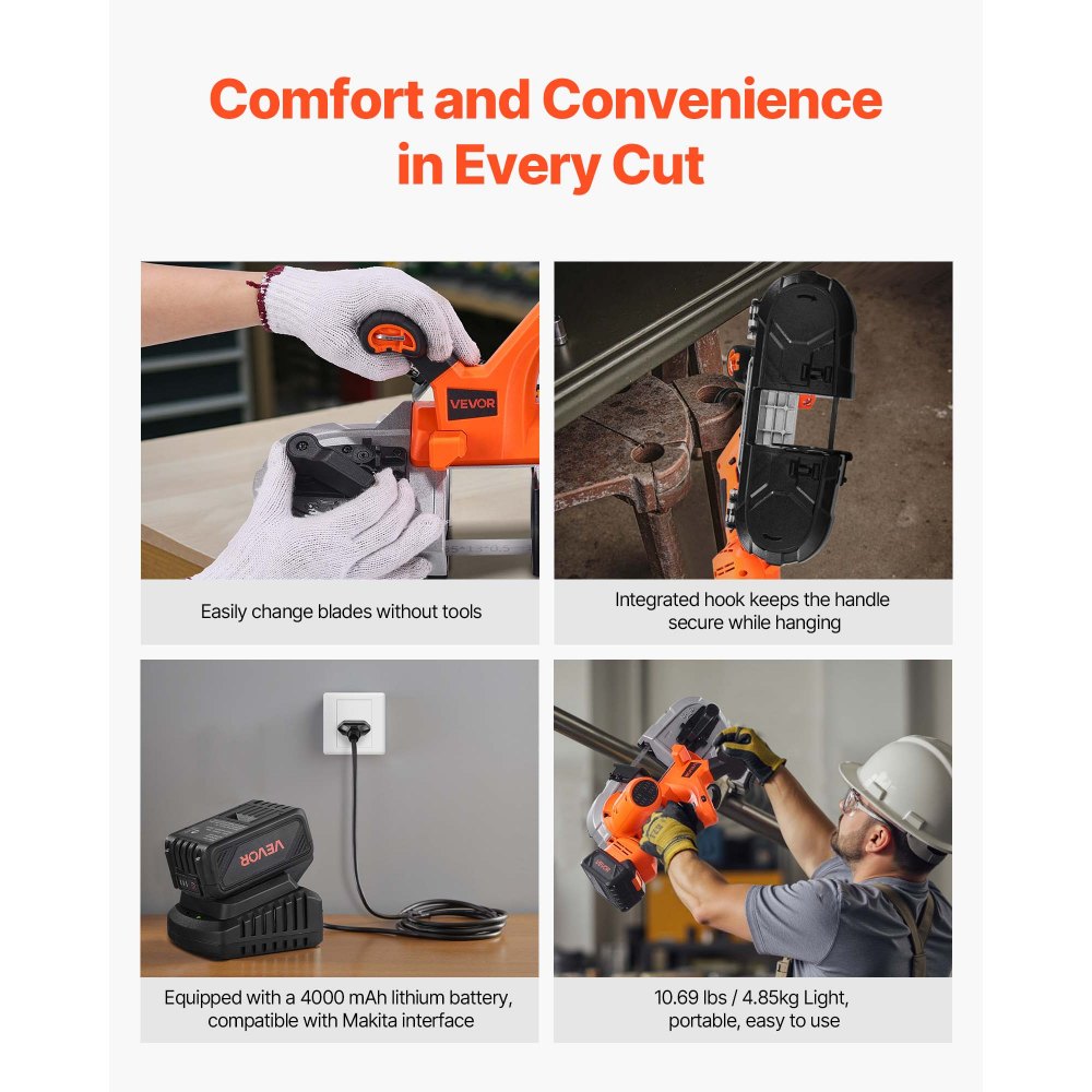 VEVOR 20V Portable Band Saw Kit, Deep Cut, AC 220V, 360W Bandsaw with Brushless Motor, 4.0 Ah Battery, Cordless and Compact Portaband, 0-192 m/min Variable Speed, for Cutting Metal, Wood