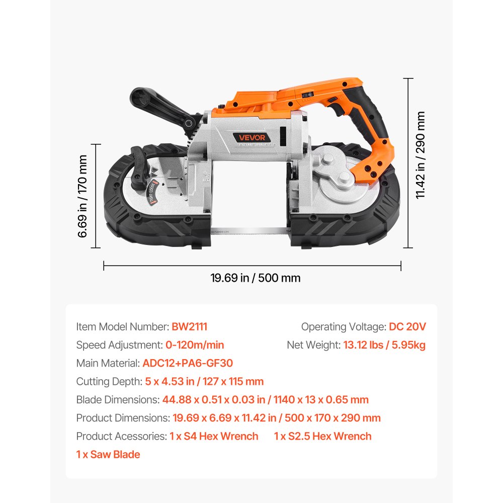 VEVOR Sierra de Cinta Portátil, Corte Profundo de 127 mm 360 W Motor sin Escobillas Sierra de Cinta Inalámbrica y Compacta con Ganchos, Velocidad Variable de 0-120 m/min para Cortar Metal y Madera