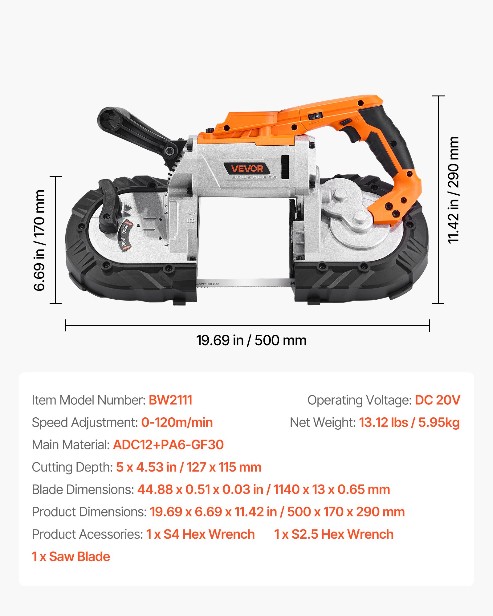 VEVOR Sierra de Cinta Portátil, Corte Profundo de 127 mm 360 W Motor sin Escobillas Sierra de Cinta Inalámbrica y Compacta con Ganchos, Velocidad Variable de 0-120 m/min para Cortar Metal y Madera
