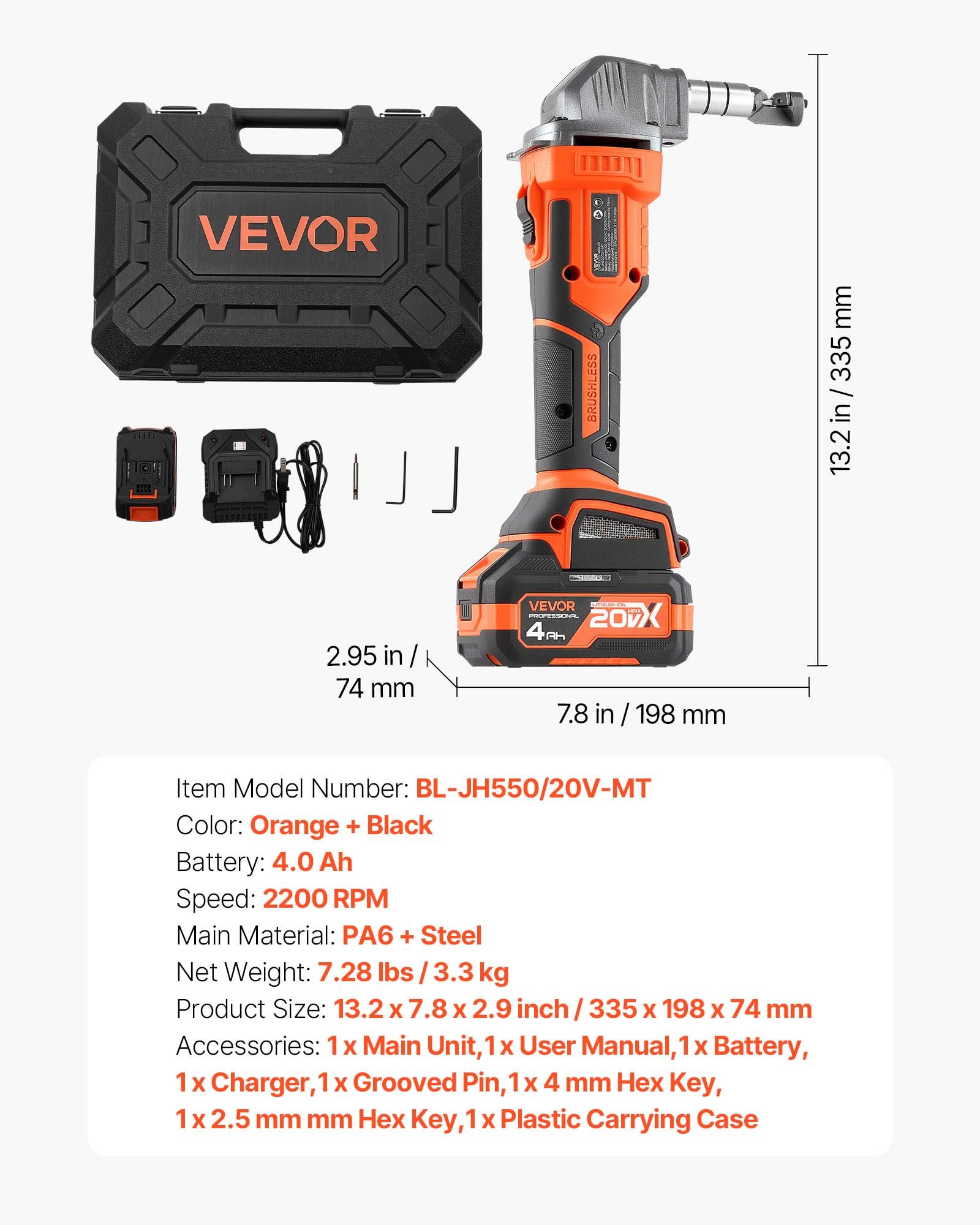 VEVOR Cordless Metal Nibbler, with 20 V 4000 mAh Battery, 2200 RPM Efficient Brushless Motor, Electric Nibbler Metal Cutter with Plastic Carrying Case for Cutting Steel Sheet and Aluminum Sheet