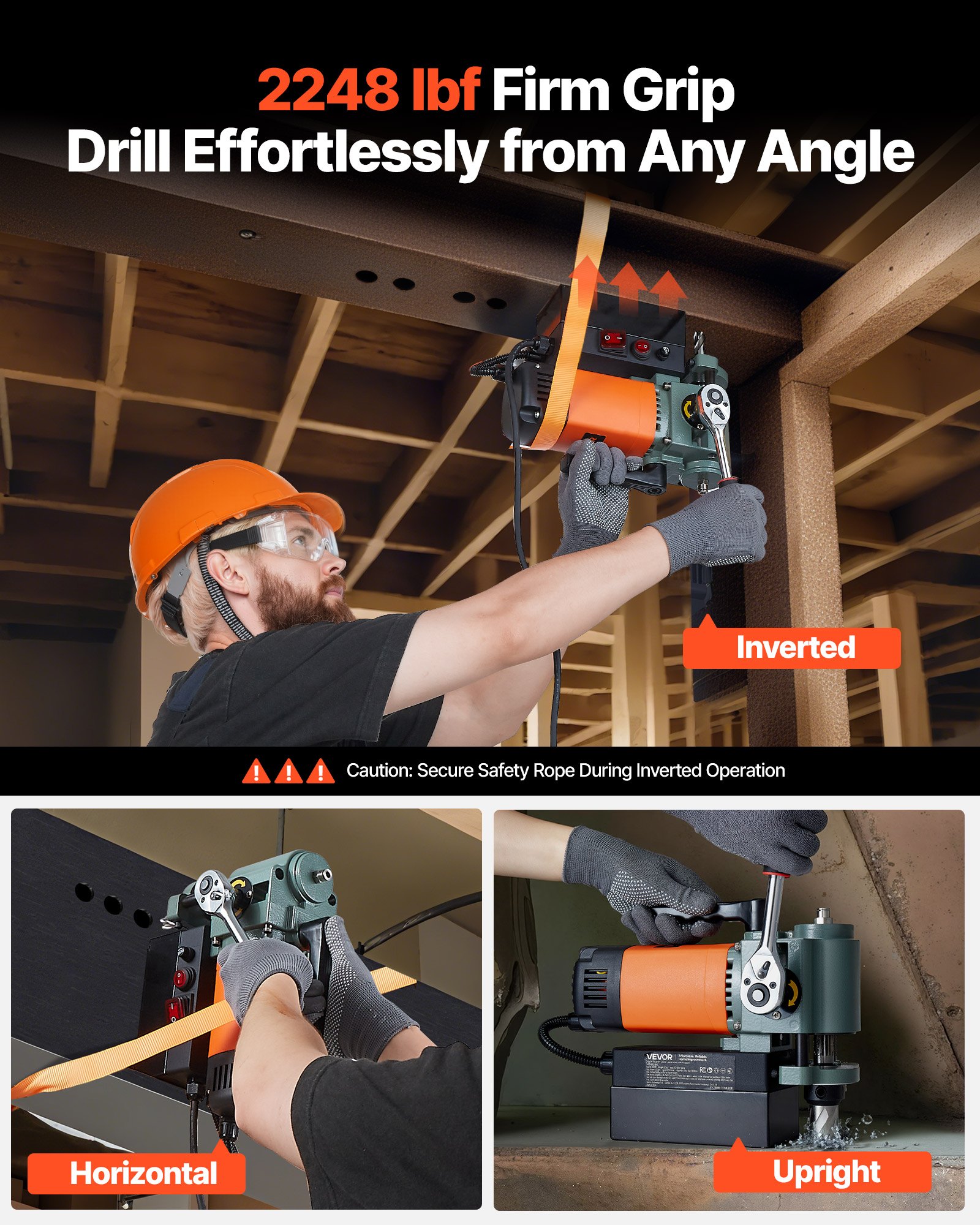 VEVOR Low Profile Magnetic Drill Press, 1300 W, 35 mm Boring Diameter, 10000N Power Portable Mag Drill Press, 650RPM Speed, with Weldon Shank, for Metal Surface, Industrial and Home Improvement