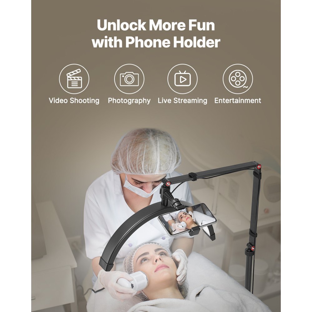 VEVOR Crescent Moon Light 2 in 1 LED Floor Lamp Desk Lamp, Eyelash Light for Eyelash Extensions, Eyelash Lamp with Phone Stand, for Makeup Artists, Beauty Salons, Skincare, Black