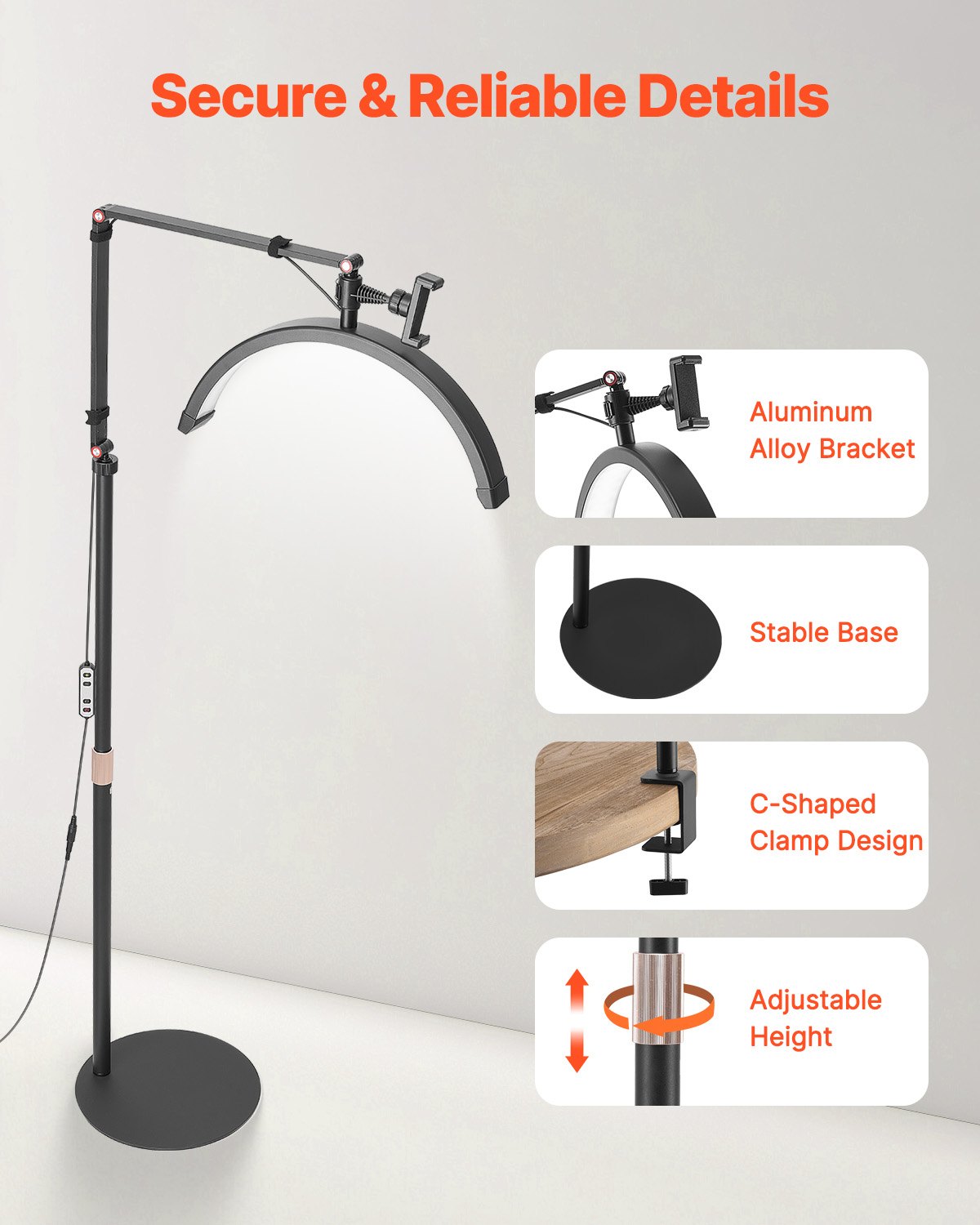 VEVOR Crescent Moon Light 2 in 1 LED Floor Lamp Desk Lamp, Eyelash Light for Eyelash Extensions, Eyelash Lamp with Phone Stand, for Makeup Artists, Beauty Salons, Skincare, Black