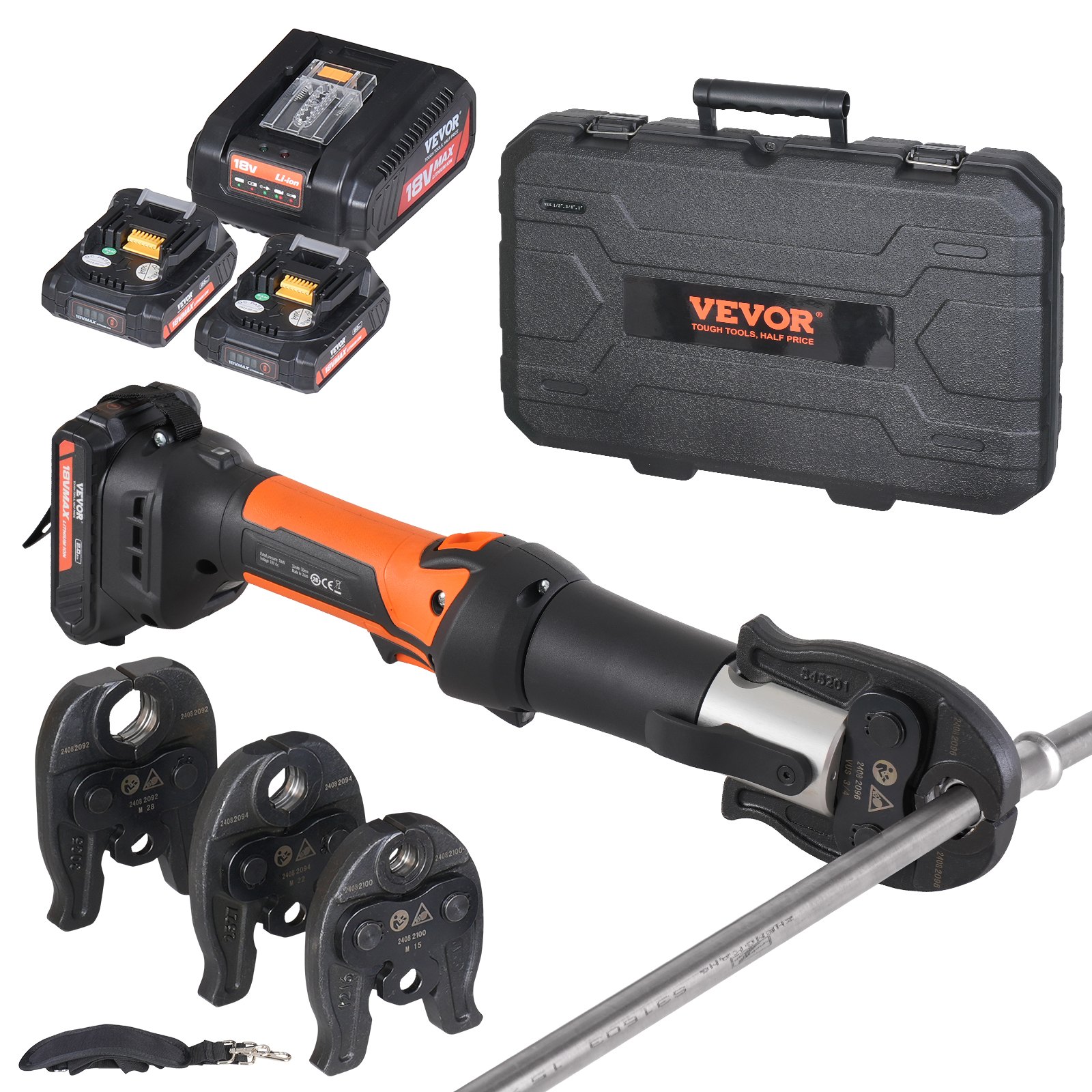 VEVOR Kit de Herramientas para Engarzar Tuberías Eléctricas con 2 Baterías de 18 V 2,0 Ah, Engarzadora Profesional con Mandíbulas M15, M22, M28, Cargador Rápido y Estuche de Transporte