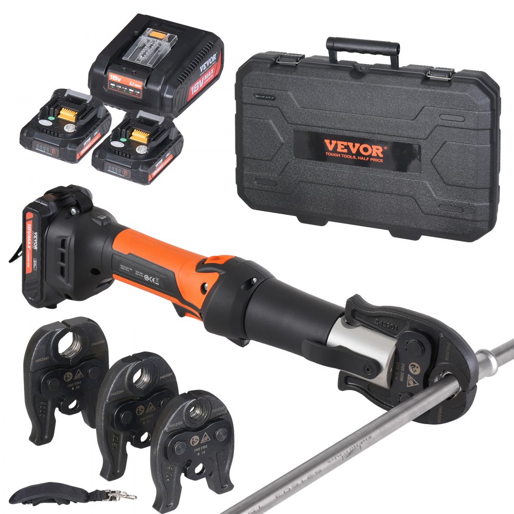 VEVOR Kit de Herramientas para Engarzar Tuberías Eléctricas con 2 Baterías de 18 V 2,0 Ah, Engarzadora Profesional con Mandíbulas V15, V22, V28, Cargador Rápido y Estuche de Transporte 360°