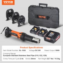 VEVOR Kit de Herramientas para Prensar Tuberías 2 Baterías V15 22 28 Mandíbulas