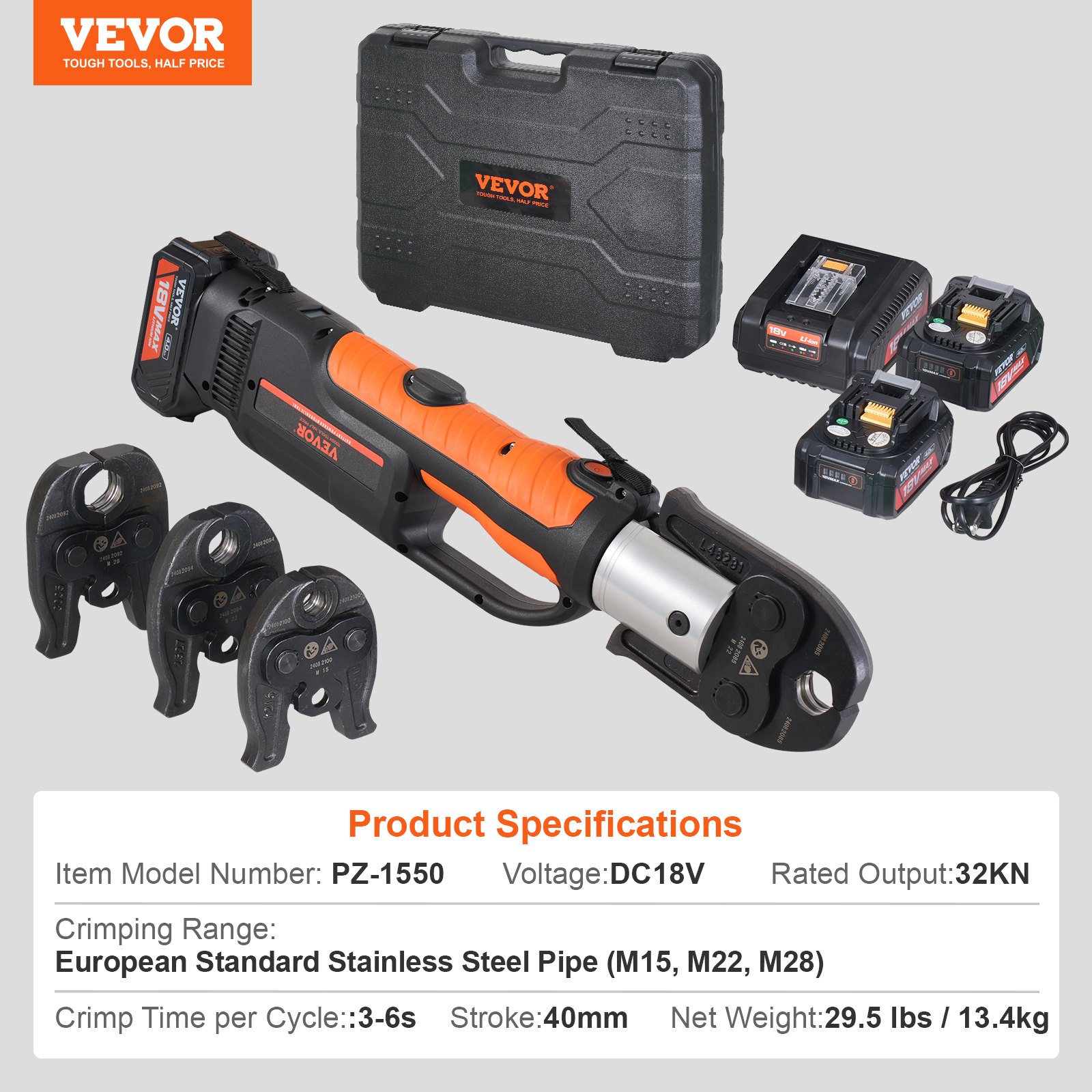 VEVOR Kit de Herramientas para Engarzar Tuberías Eléctricas con 2 Baterías de 18 V 4,0 Ah, Engarzadora Profesional con Mandíbulas M15, M22, M28, Cargador Rápido y Estuche de Transporte