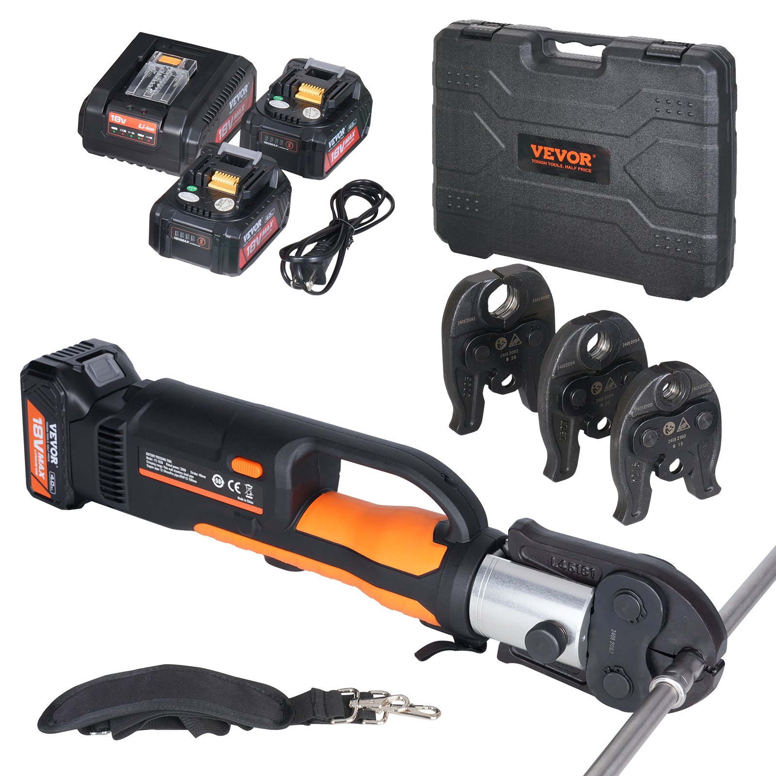 VEVOR Kit de Herramientas para Engarzar Tuberías Eléctricas con 2 Baterías de 18 V 4,0 Ah, Engarzadora Profesional con Mandíbulas M15, M22, M28, Cargador Rápido y Estuche de Transporte