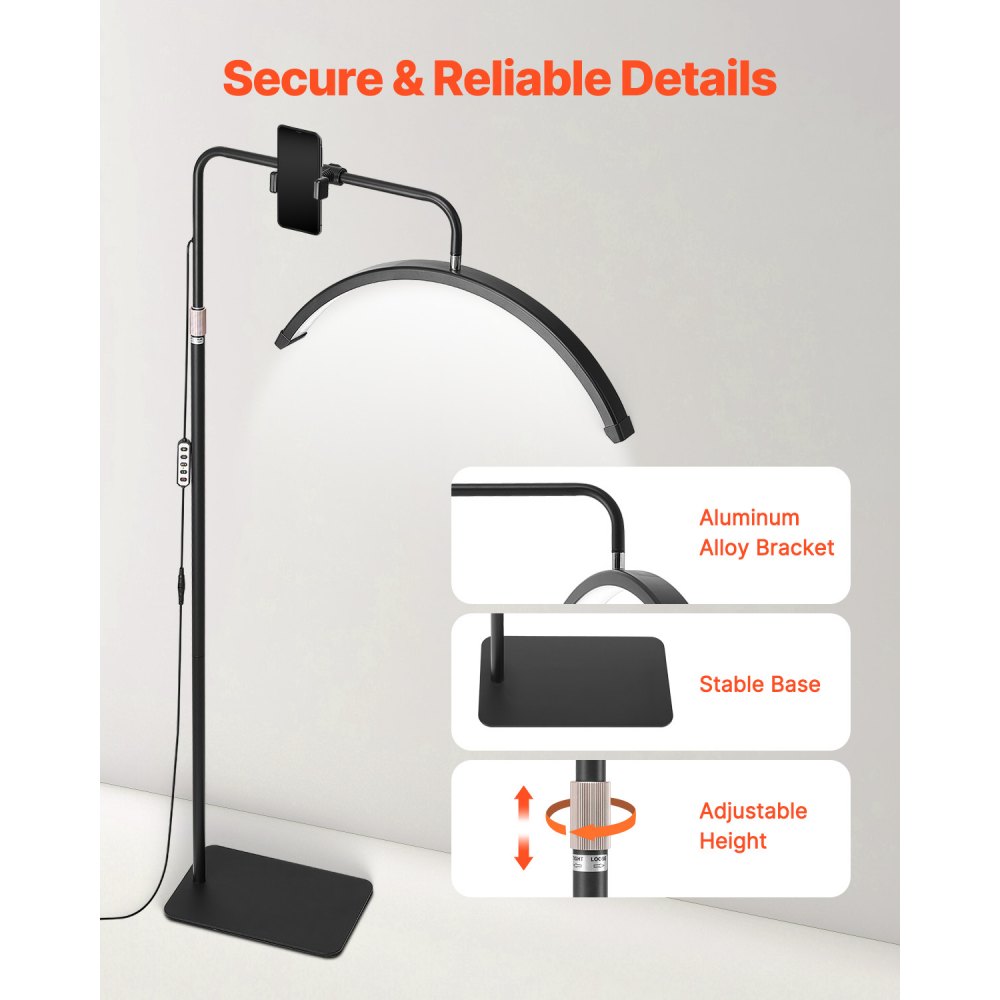 VEVOR Crescent Moon Light Adjustable Dimmable LED Floor Lamp (max. 1855 mm height), Eyelash Light for Eyelash Extensions, Eyelash Lamp with Phone Holder & Remote Control, for Skin Care and Eyebrows