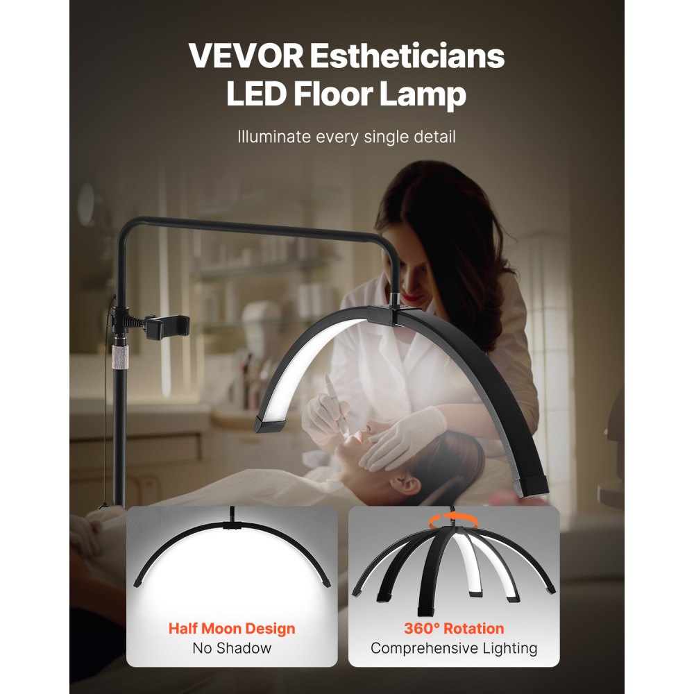 VEVOR Lámpara de Media Luna para Esteticista, Lámpara de Pie LED Regulable de Altura Ajustable 1440-1810 mm con Soporte para Teléfono, Control Remoto, para Extensiones de Pestañas, Belleza, Cejas