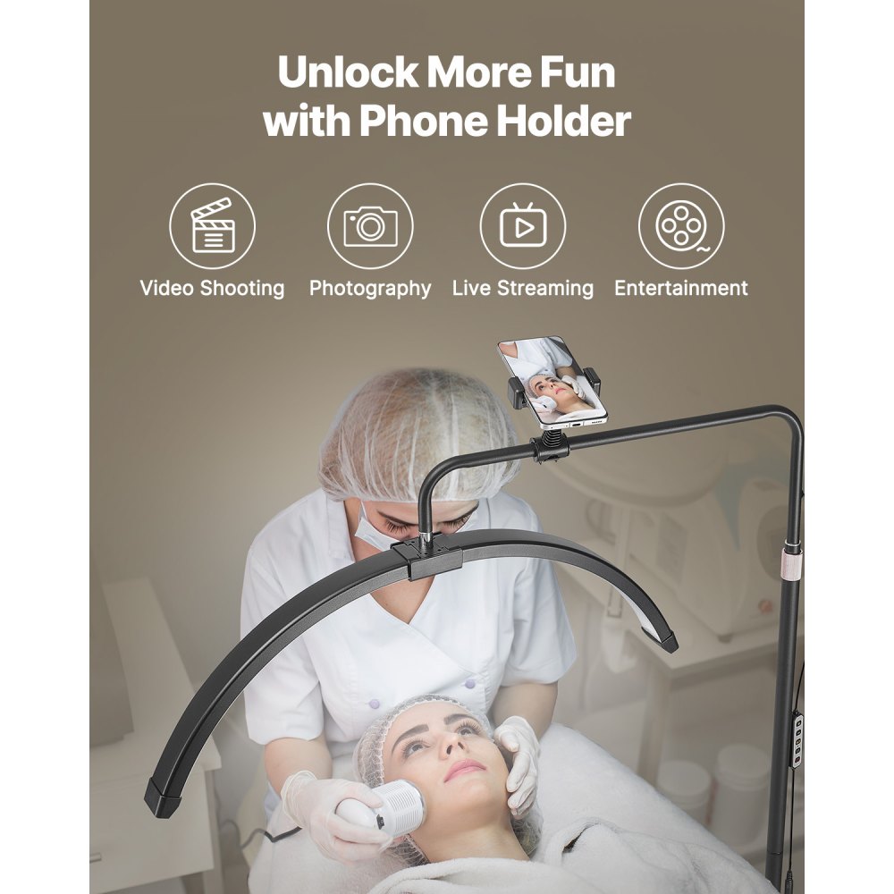 VEVOR Lámpara de Media Luna para Esteticista, Lámpara de Pie LED Regulable de Altura Ajustable 1440-1810 mm con Soporte para Teléfono, Control Remoto, para Extensiones de Pestañas, Belleza, Cejas