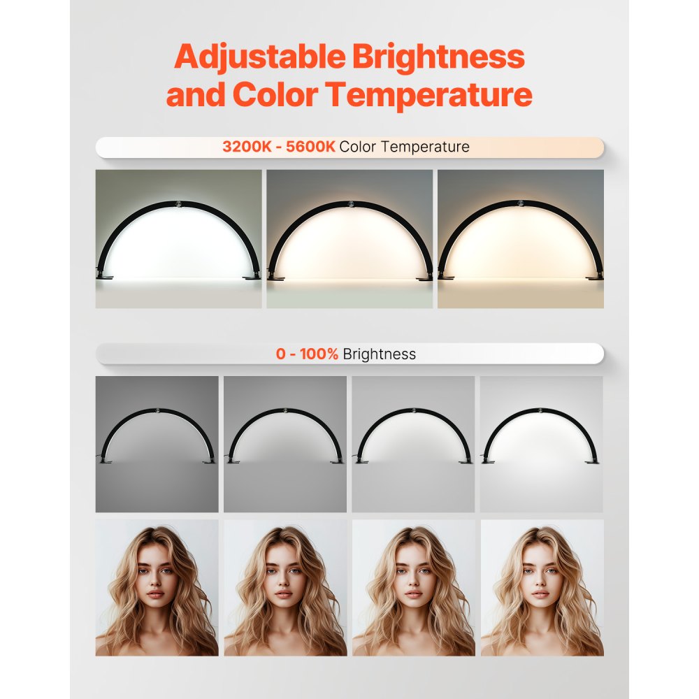 VEVOR Lámpara Arqueada de Escritorio para Uñas, 40 W Lámpara LED  en Forma de Media Luna con Soporte para Teléfono, Brillo y Temperatura de Color Ajustables, para Belleza, Extensiones de Pestañas