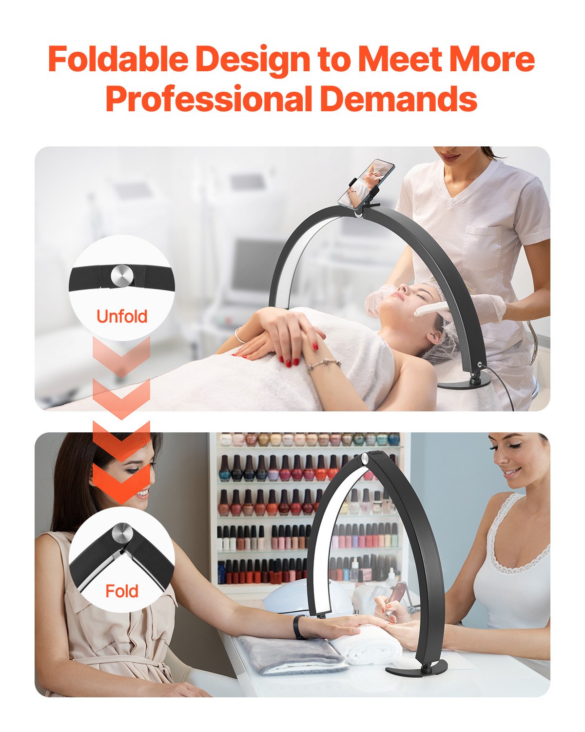 VEVOR Lámpara Arqueada de Escritorio para Uñas, 40 W Lámpara LED  en Forma de Media Luna con Soporte para Teléfono, Brillo y Temperatura de Color Ajustables, para Belleza, Extensiones de Pestañas