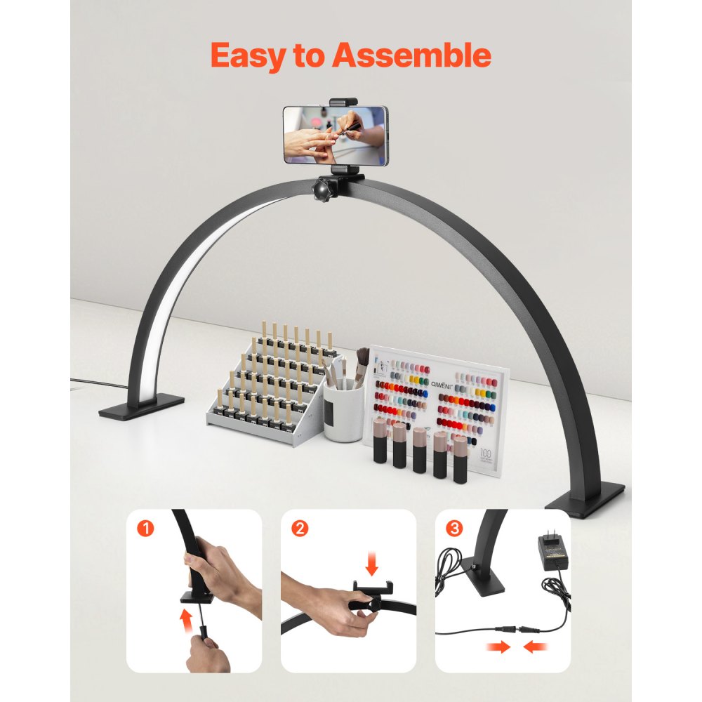VEVOR Lámpara Arqueada de Escritorio para Uñas, 30 W Lámpara LED  en Forma de Media Luna con Soporte para Teléfono, Brillo y Temperatura de Color Ajustables, para Belleza, Extensiones de Pestañas