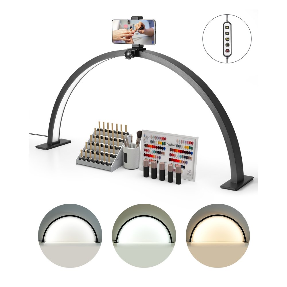VEVOR Lámpara Arqueada de Escritorio para Uñas, 30 W Lámpara LED  en Forma de Media Luna con Soporte para Teléfono, Brillo y Temperatura de Color Ajustables, para Belleza, Extensiones de Pestañas