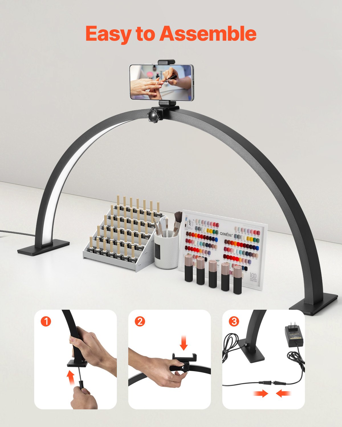 VEVOR Desktop Crescent Light for Nails with Phone Holder (30 W 76 cm long) Nail Technician Light, Nail Table Lamp with Adjustable Brightness, LED Table Lamp for Nail Technicians and Eyelash Extensions