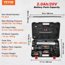 VEVOR Pistola Engrasadora Inalámbrica 20 V 10,000 PSI Manguera de 39" de Largo Kit de Pistola Engrasadora Eléctrica Profesional con Batería de Alta Presión con Estuche, Batería, Cargador, Negro