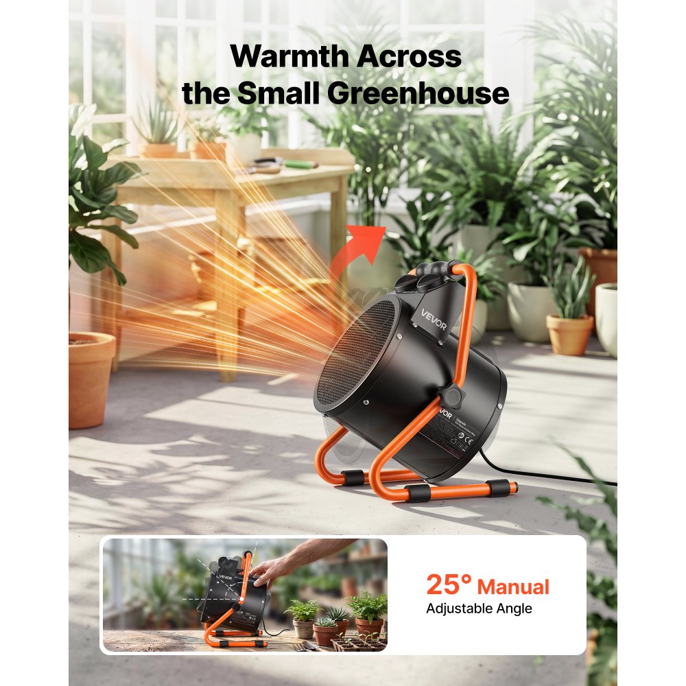 VEVOR Calefactor Eléctrico para Invernadero 2000 W Ángulo Ajustable 25°, IPX4, Calefactor Eléctrico de Aire Caliente con Ventilador para Carpa de Cultivo Taller Garaje Almacén Uso en Espacios Húmedos