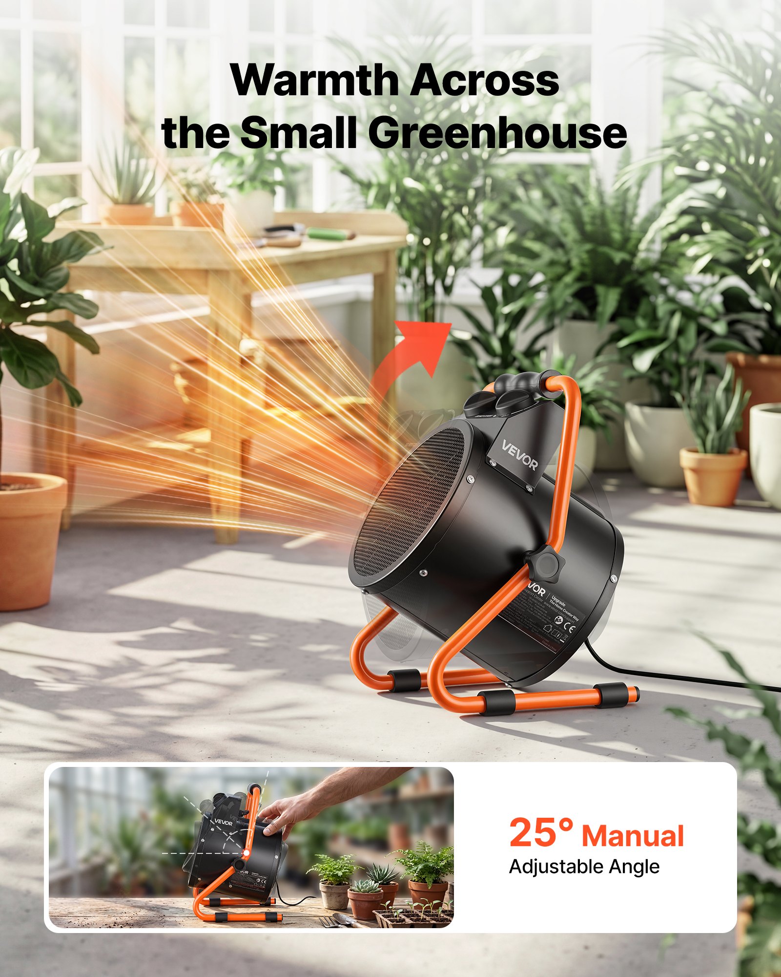 VEVOR Calefactor Eléctrico para Invernadero 2000 W Ángulo Ajustable 25°, IPX4, Calefactor Eléctrico de Aire Caliente con Ventilador para Carpa de Cultivo Taller Garaje Almacén Uso en Espacios Húmedos