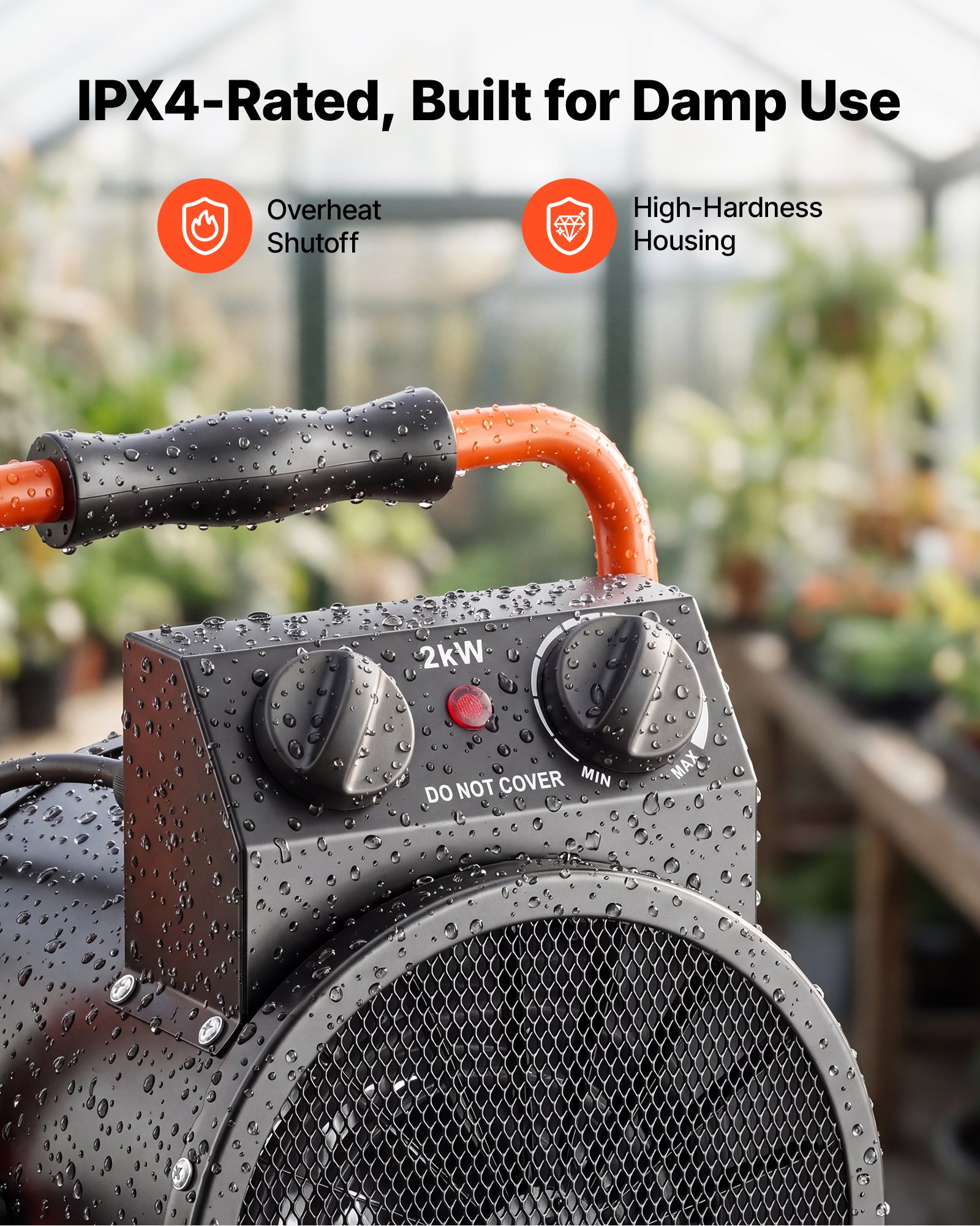 VEVOR Calefactor Eléctrico para Invernadero 2000 W Ángulo Ajustable 25°, IPX4, Calefactor Eléctrico de Aire Caliente con Ventilador para Carpa de Cultivo Taller Garaje Almacén Uso en Espacios Húmedos