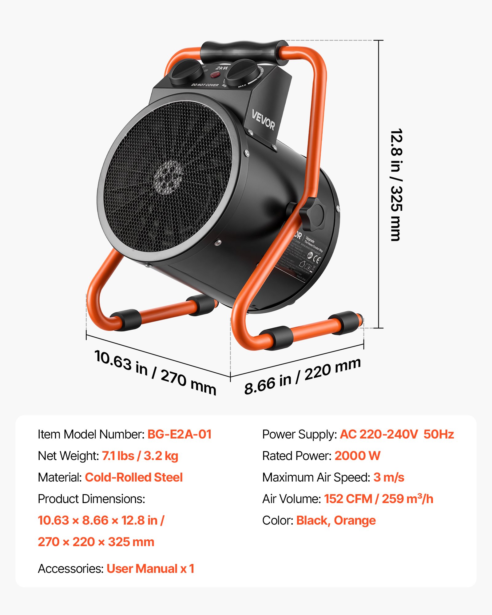 VEVOR Calefactor Eléctrico para Invernadero 2000 W Ángulo Ajustable 25°, IPX4, Calefactor Eléctrico de Aire Caliente con Ventilador para Carpa de Cultivo Taller Garaje Almacén Uso en Espacios Húmedos