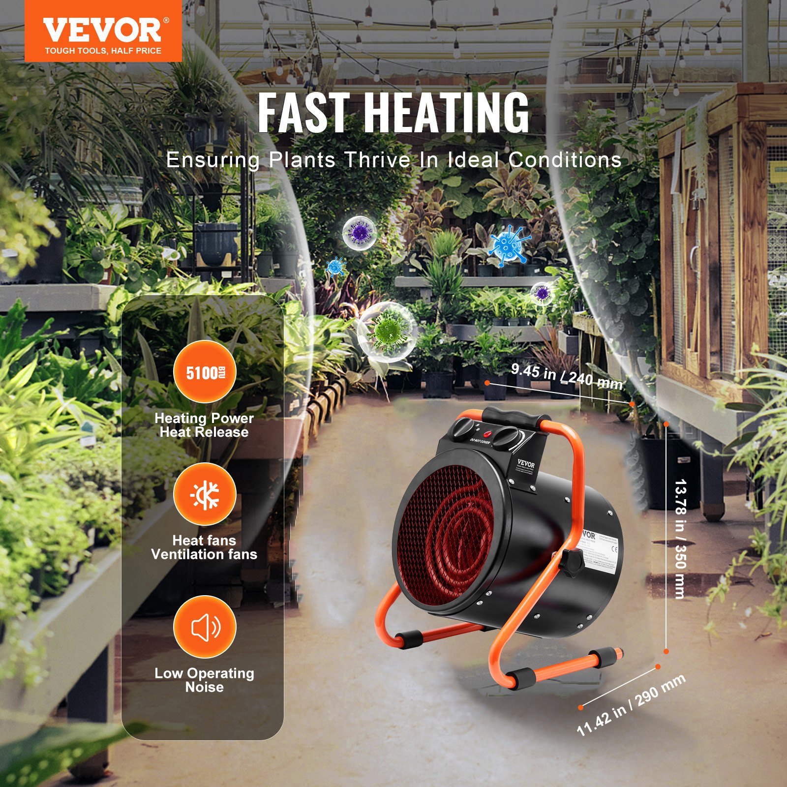 VEVOR Calentador de Invernadero, Calentamiento Rápido de 2000 W con Protección contra Sobrecalentamiento, Calentador de Tienda de Cultivo Pequeño de Ajuste de 2 Velocidades, Ventilador Calentador Eléctrico Portátil para Invernadero, Sala de Flores, Lugar de Trabajo IP24 Impermeable