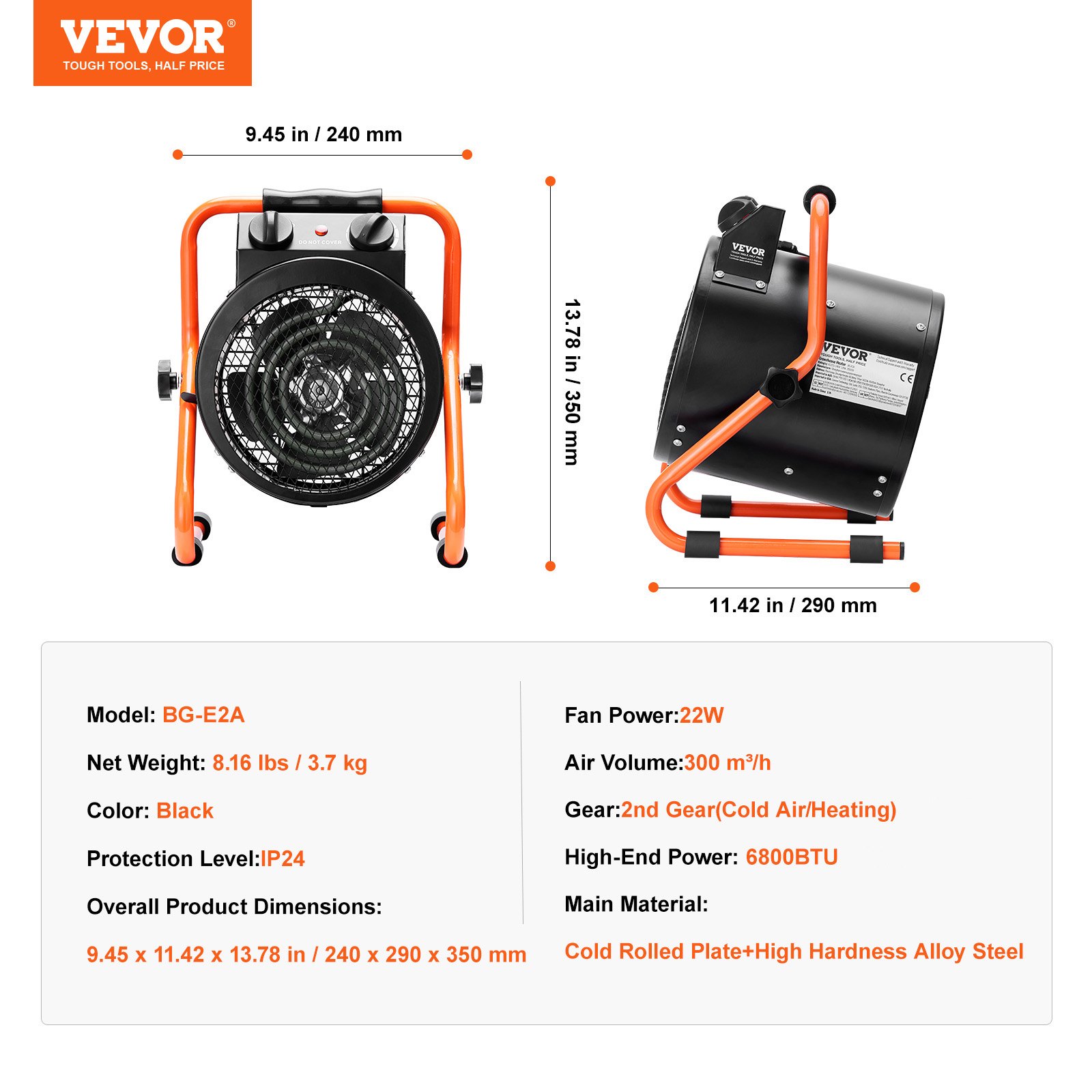 VEVOR Calentador de Invernadero, Calentamiento Rápido de 2000 W con Protección contra Sobrecalentamiento, Calentador de Tienda de Cultivo Pequeño de Ajuste de 2 Velocidades, Ventilador Calentador Eléctrico Portátil para Invernadero, Sala de Flores, Lugar de Trabajo IP24 Impermeable