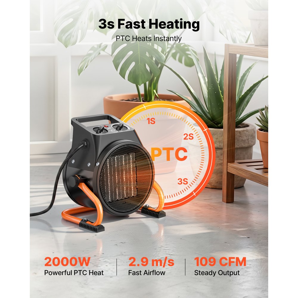 VEVOR Calefactor Eléctrico para Invernadero 2000 W Ángulo Ajustable 15°, PTC, Calefactor Eléctrico de Aire Caliente con Ventilador para Garaje Almacén Carpa de Cultivo Taller Uso en Espacios Húmedos