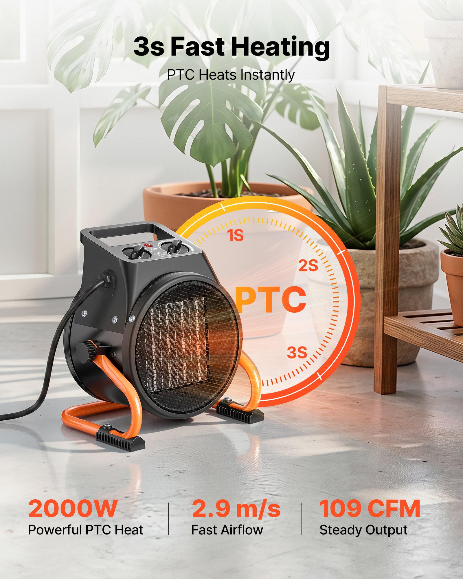 VEVOR Calefactor Eléctrico para Invernadero 2000 W Ángulo Ajustable 15°, PTC, Calefactor Eléctrico de Aire Caliente con Ventilador para Garaje Almacén Carpa de Cultivo Taller Uso en Espacios Húmedos
