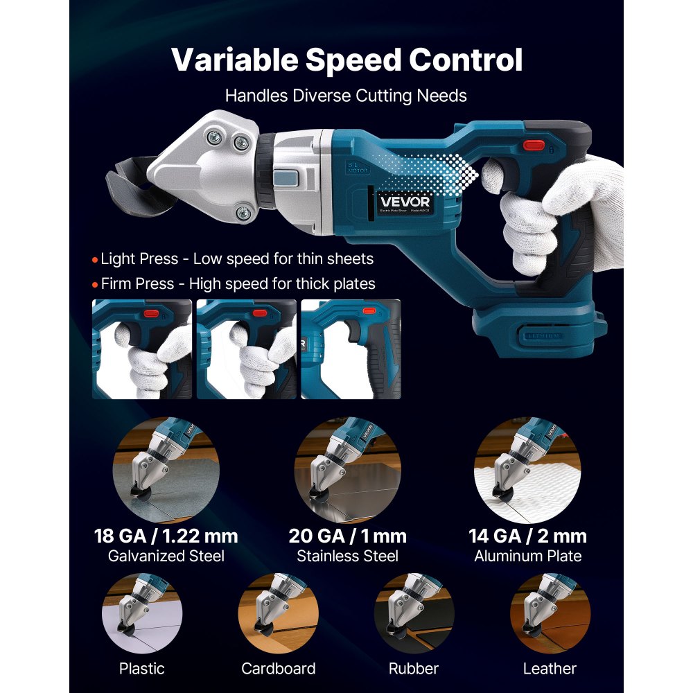 VEVOR Metal Shear, Sheet Metal Cutter Cordless with 360-Degree Pivoting Head, Double Blades, 25000 RPM Speed, Cuts 1.22 mm Galvanized Steel, 1 mm Stainless Steel, Aluminum Plate, Plastic, Cardboard