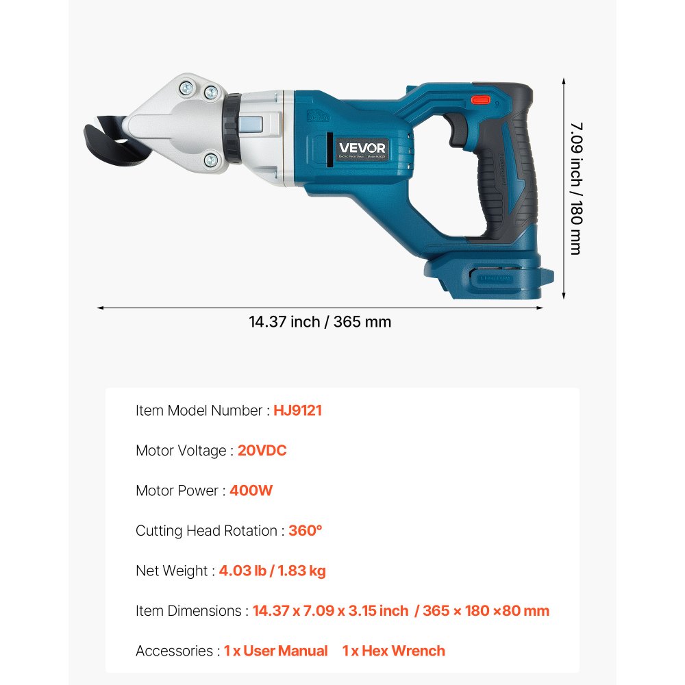 VEVOR Tijeras de Metal Inalámbricas, Cabezal Giratorio 360 ​​Grados, Hojas Dobles, 25000 RPM, Corta Acero Galvanizado Calibre 18, Acero Inoxidable Calibre 20, Placa de Aluminio, Plástico y Cartón