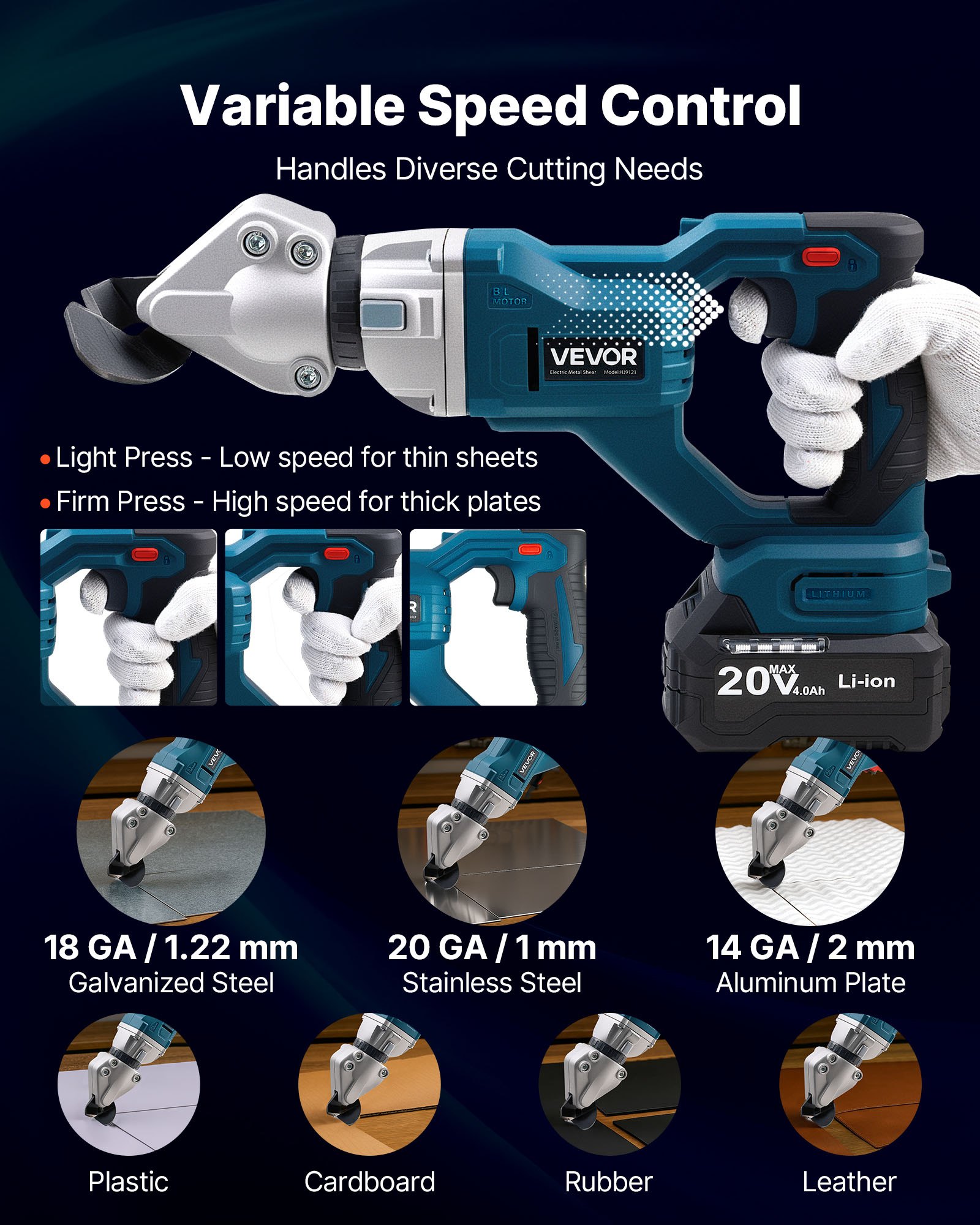 VEVOR Tijeras de Metal Inalámbricas, con Cabezal Giratorio 360°, Hojas Dobles, Corta Acero Galvanizado 1,22 mm, Acero Inoxidable 1 mm, Aluminio, Plástico y Cartón, 25 000 RPM, 365 x 180 x 80 mm