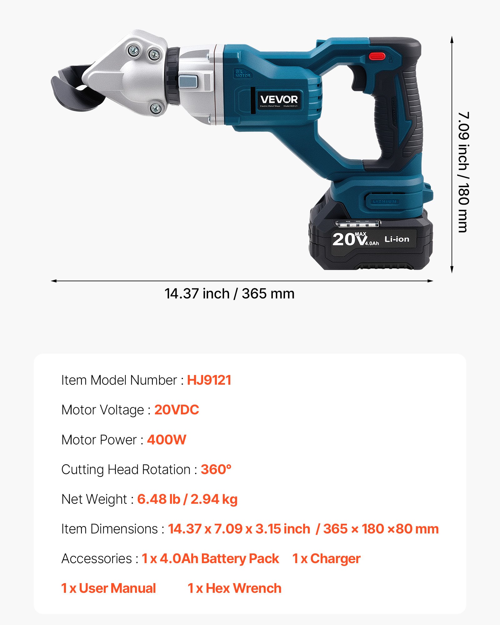 VEVOR Tijeras de Metal Inalámbricas, con Cabezal Giratorio 360°, Hojas Dobles, Corta Acero Galvanizado 1,22 mm, Acero Inoxidable 1 mm, Aluminio, Plástico y Cartón, 25 000 RPM, 365 x 180 x 80 mm
