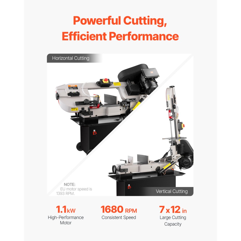 VEVOR metal band saw with stand, 17x30 cm rectangular cutting capacity, metal hacksaw with 1.1 kW motor, 0-45° angle adjustment, variable speed, for metal, wood and plastic