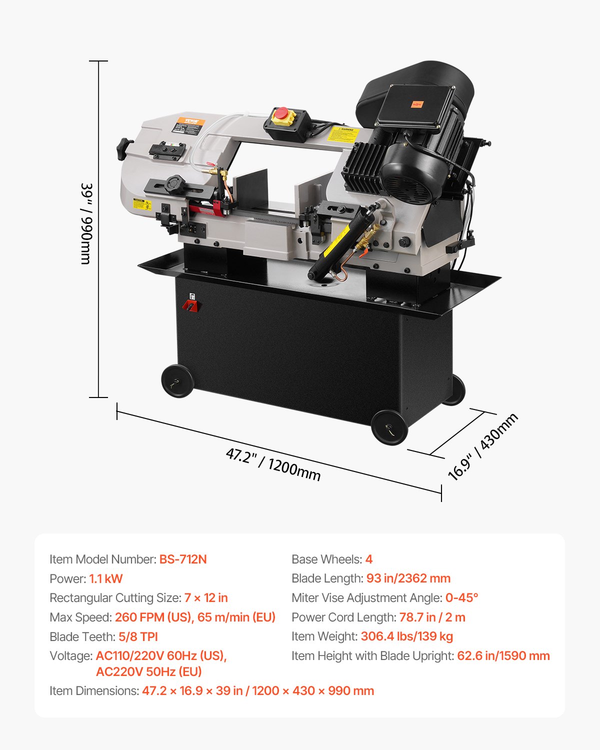 VEVOR Sierra de Cinta Horizontal 1200 x 430 x 990 mm para Corte Horizontal y Vertical de Metal con Motor de 1,1 kW, Ajuste de Ángulo de 0 a 45°, Velocidad Variable, para Metal, Madera y Plástico