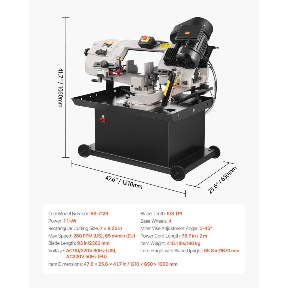 VEVOR Sierra de Cinta Horizontal 121 x 65 x 106 cm para Corte Horizontal y Vertical de Metal con Motor de 1,1 kW, Base Giratoria, Ajuste de Ángulo de 0 a 45°, Velocidad Variable, para Metal, Madera