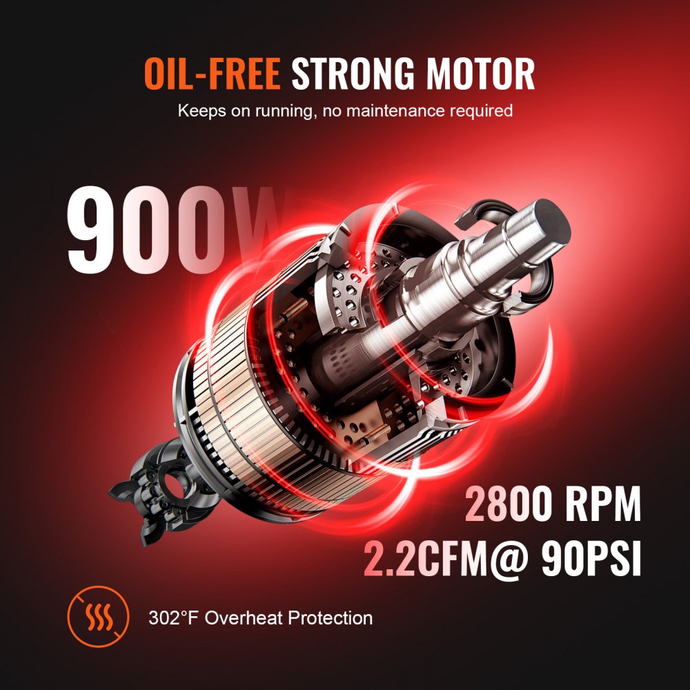 VEVOR Compresor de Aire Silencioso de 8 L Compresor de Aire sin Aceite 900 W Presión Máxima de 3,5 Mpa Motor sin Aceite 70 dB para Reparación de Automóviles Inflado de Neumáticos Pintura a Pistola