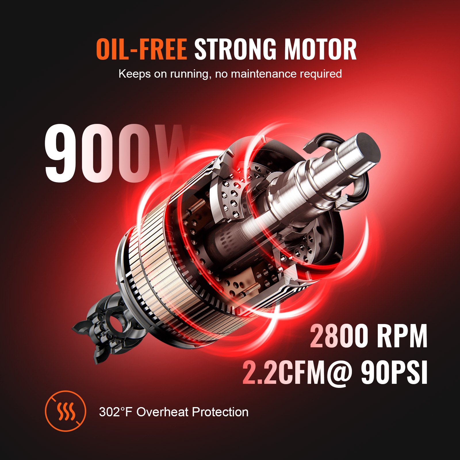 VEVOR Compresor de Aire Silencioso de 8 L Compresor de Aire sin Aceite 900 W Presión Máxima de 3,5 Mpa Motor sin Aceite 70 dB para Reparación de Automóviles Inflado de Neumáticos Pintura a Pistola