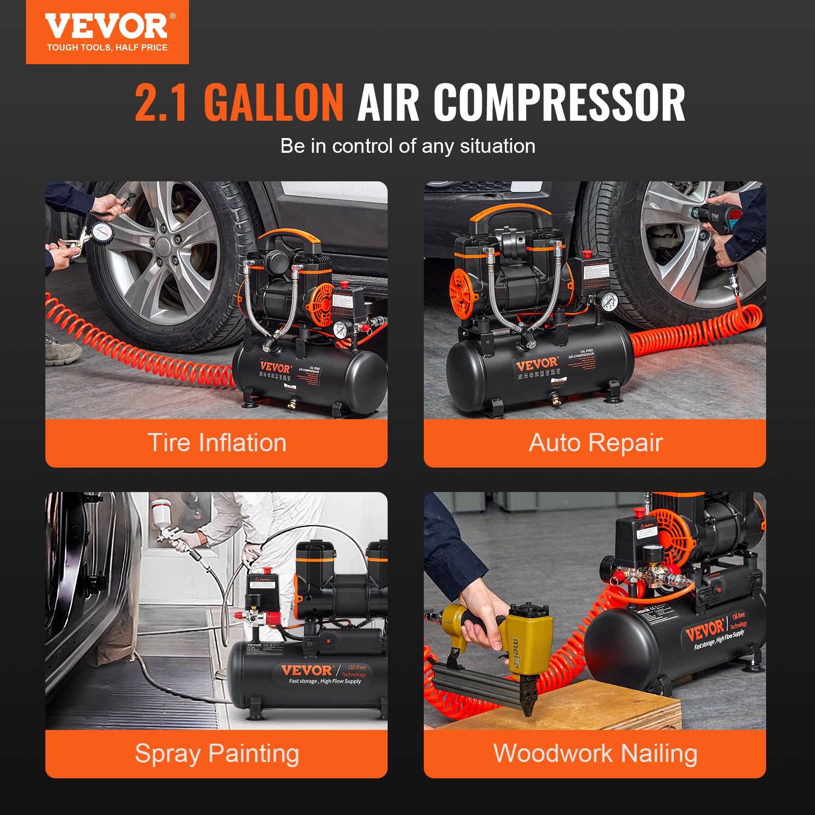 VEVOR Compresor de Aire Silencioso de 8 L Compresor de Aire sin Aceite 900 W Presión Máxima de 3,5 Mpa Motor sin Aceite 70 dB para Reparación de Automóviles Inflado de Neumáticos Pintura a Pistola