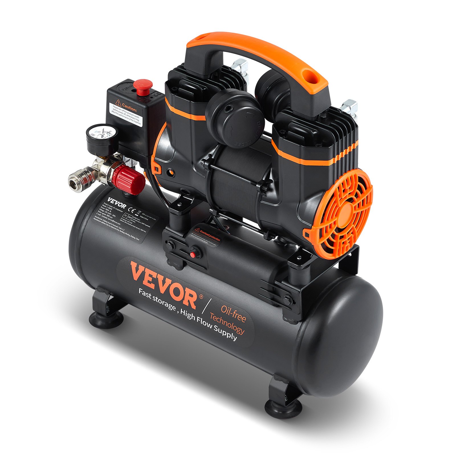 VEVOR Compresor de Aire Silencioso de 8 L Compresor de Aire sin Aceite 900 W Presión Máxima de 3,5 Mpa Motor sin Aceite 70 dB para Reparación de Automóviles Inflado de Neumáticos Pintura a Pistola