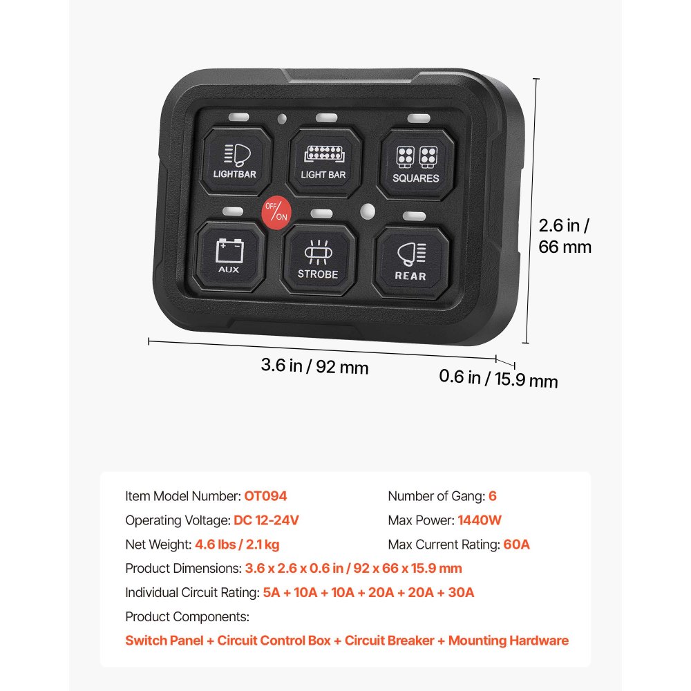 VEVOR Panel de Interruptores 6 Vías Caja de Control de Circuitos 60A 12-24V, Luz Estroboscópica Momentánea Conmutable de 3 Modos, Sistema de Relé Multifuncional, para Coches, Camiones, ATV, UTV y SUV