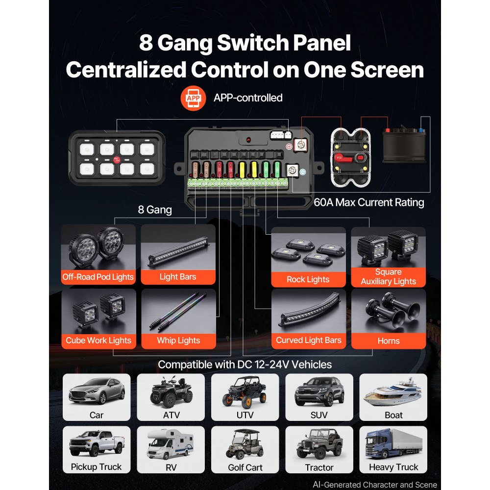 VEVOR Panel de Interruptores 8 Vías, Control por Aplicación, 60 A, 12-24 V, Luz Estroboscópica Momentánea Conmutable de 3 Modos, Sistema de Relé Multifuncional, para Coches, Camiones, ATV, UTV y SUV