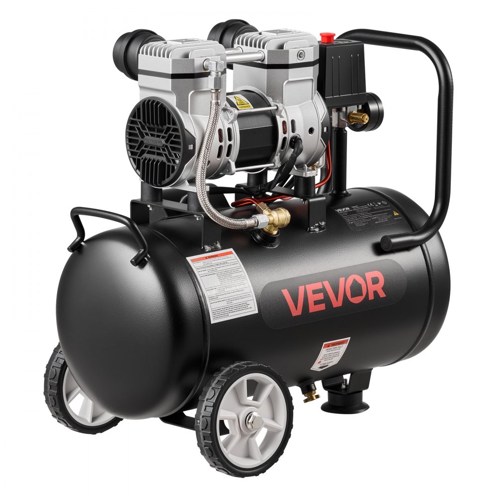 VEVOR Compresor de Aire Portátil con Depósito 24 L sin Aceite, Motor de 1,1 kW, 68 L/min a 6,2 bar Presión Máxima 8 bar, con Ruedas para Herramientas Neumáticas, Garaje, Inflado, Taller y Reparación